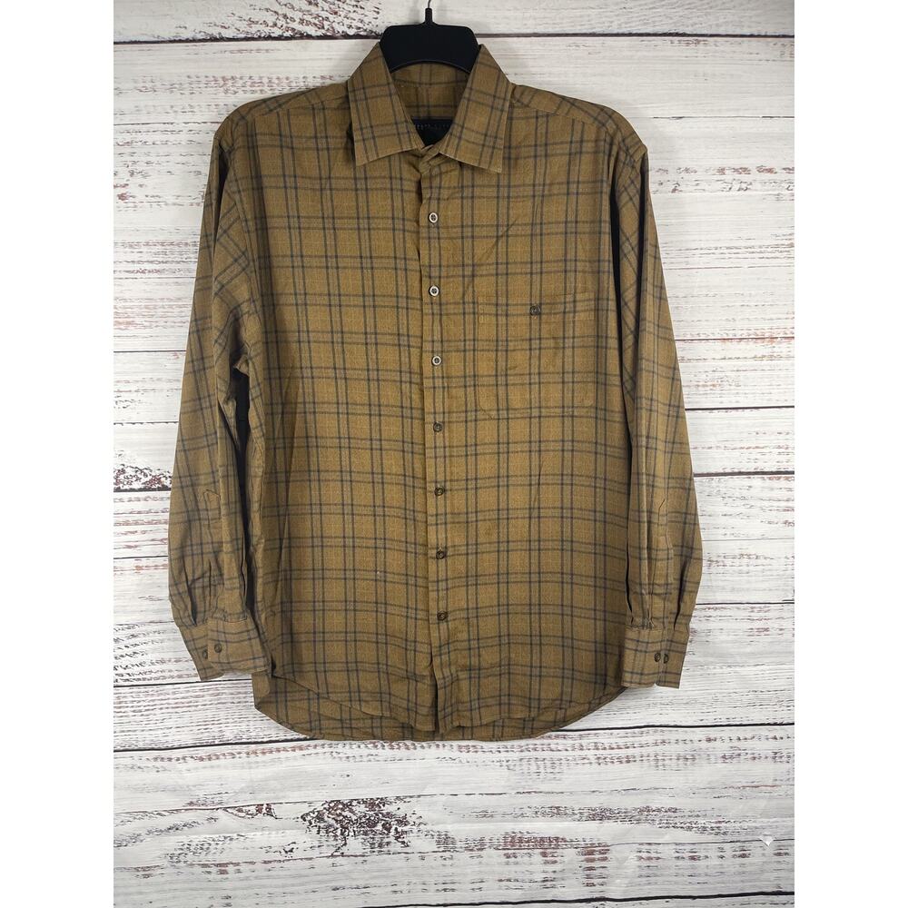 Scott Barber Shirt Men's Size M  Brown Blue Plaid Long Sleeve Button Up Casual